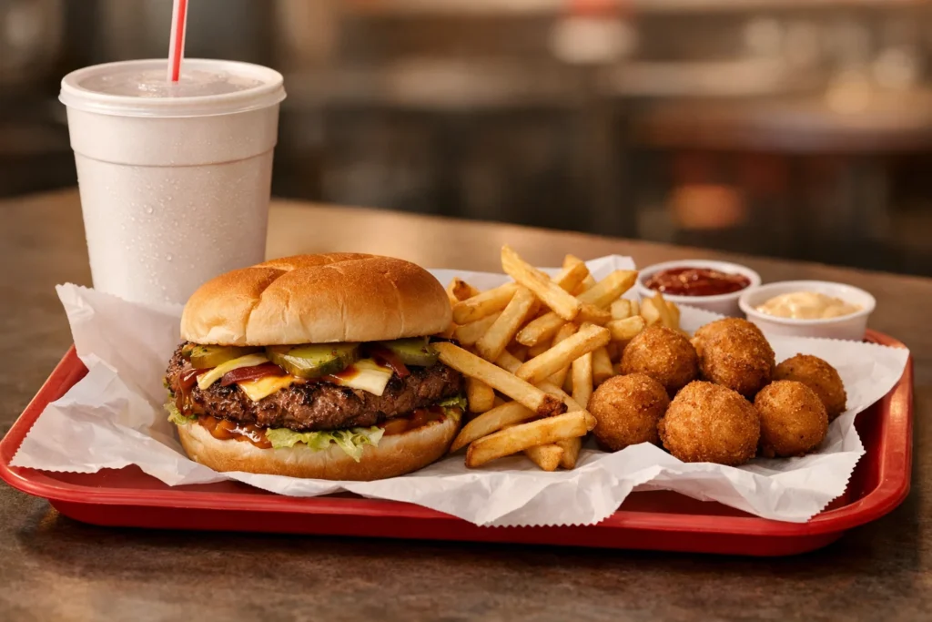 Cookout tray with char-grilled burger, crispy fries, hushpuppies, and a drink in a realistic restaurant-style presentation