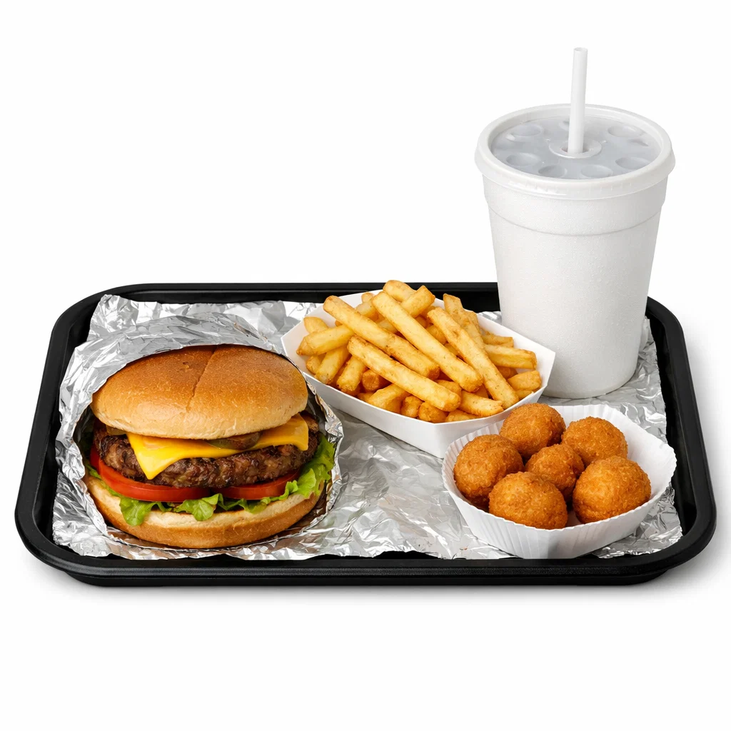 Cookout tray with char-grilled burger, fries, and a drink on a clean white background.