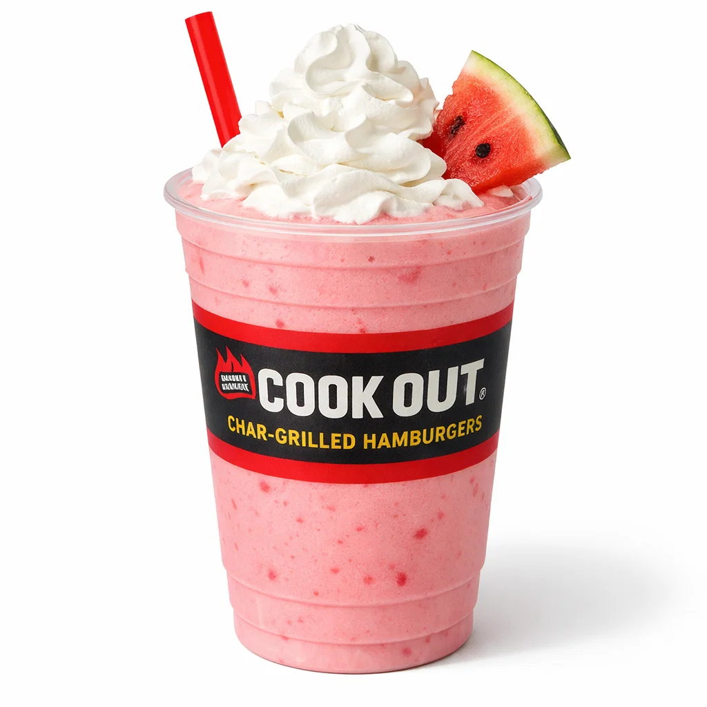 Cookout Watermelon Milkshake in a branded plastic cup with whipped cream on a pure white background
