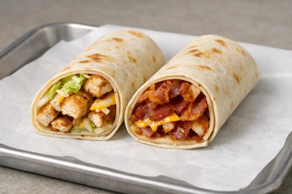 Cookout wraps featuring chicken and bacon wrapped in soft tortillas.