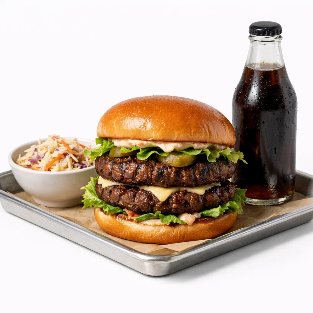 Double burger tray with two stacked beef patties, coleslaw, and drink on a white background