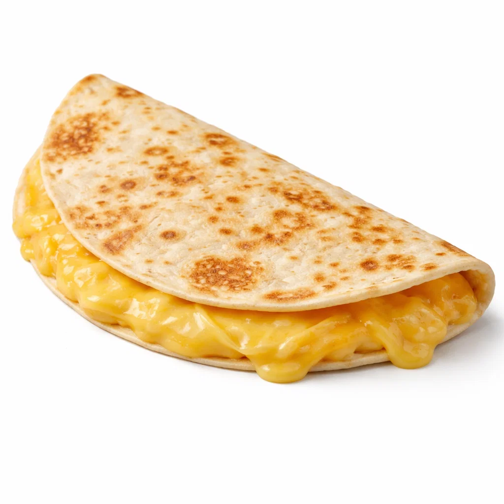 Extra cheese Cookout-style quesadilla folded in a half-moon shape on a pure white background