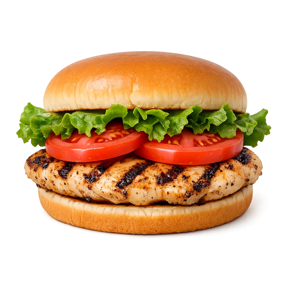 Grilled chicken sandwich with char-grilled chicken breast, lettuce, and tomato on a toasted bun