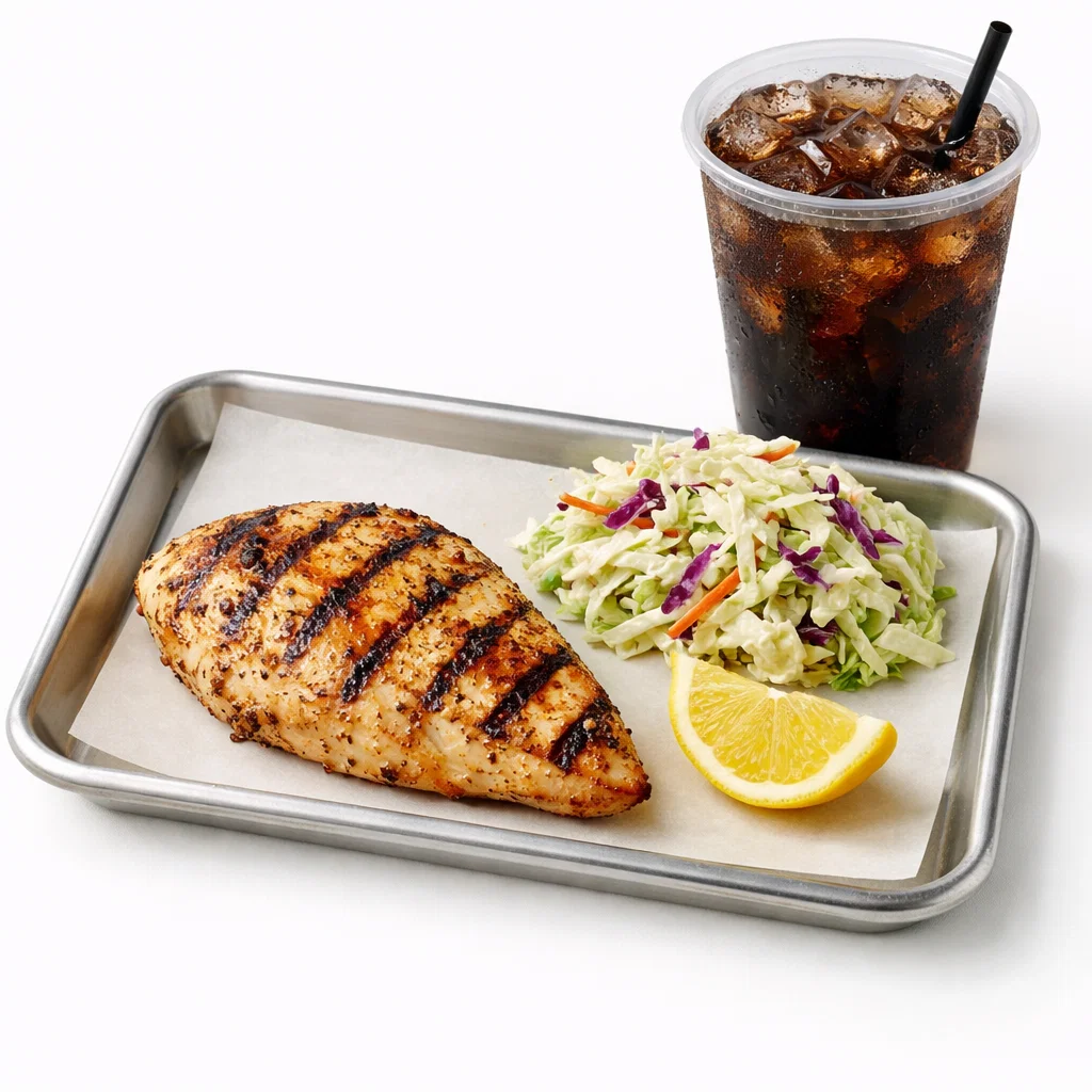 Grilled chicken tray with grilled chicken breast, coleslaw, and drink on a white background