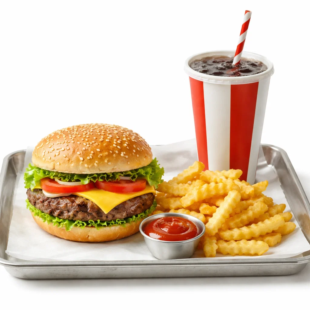 Hamburger tray with classic beef burger, fries, and drink on a white background
