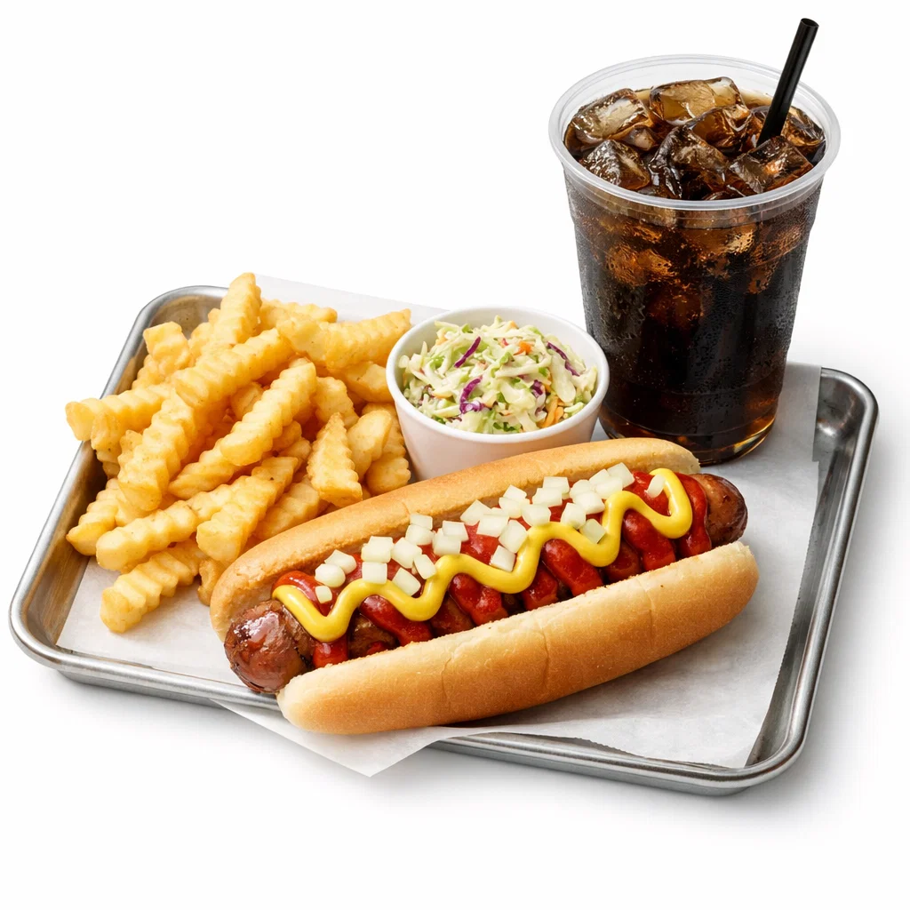 Hot dog tray with grilled hot dog, fries, coleslaw, and drink on a white background