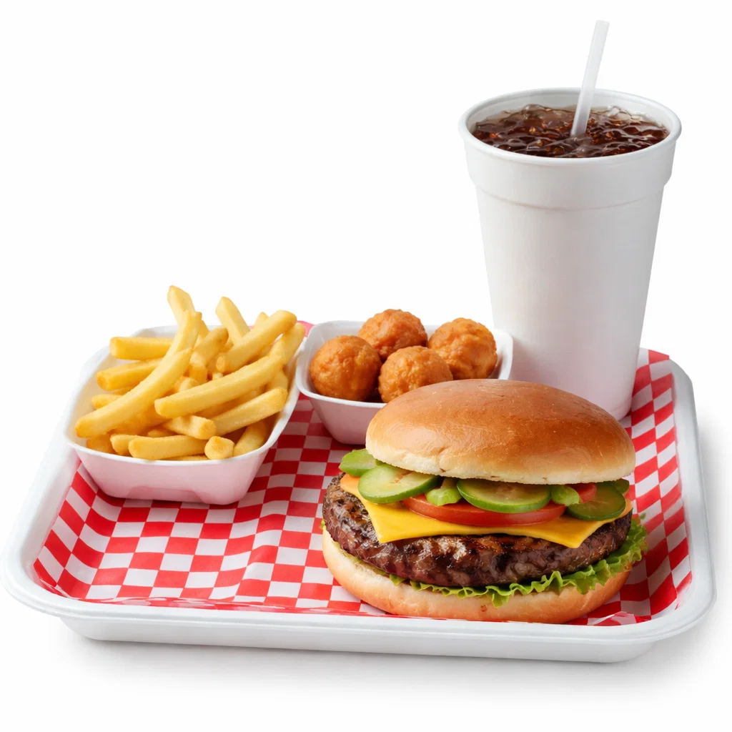 Junior Cookout tray with a single burger, fries, and a drink on a white background