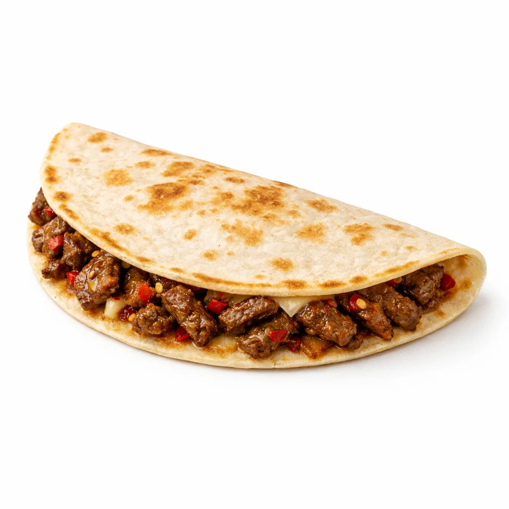 Spicy Cookout-style beef quesadilla folded in a half-moon shape on a pure white background