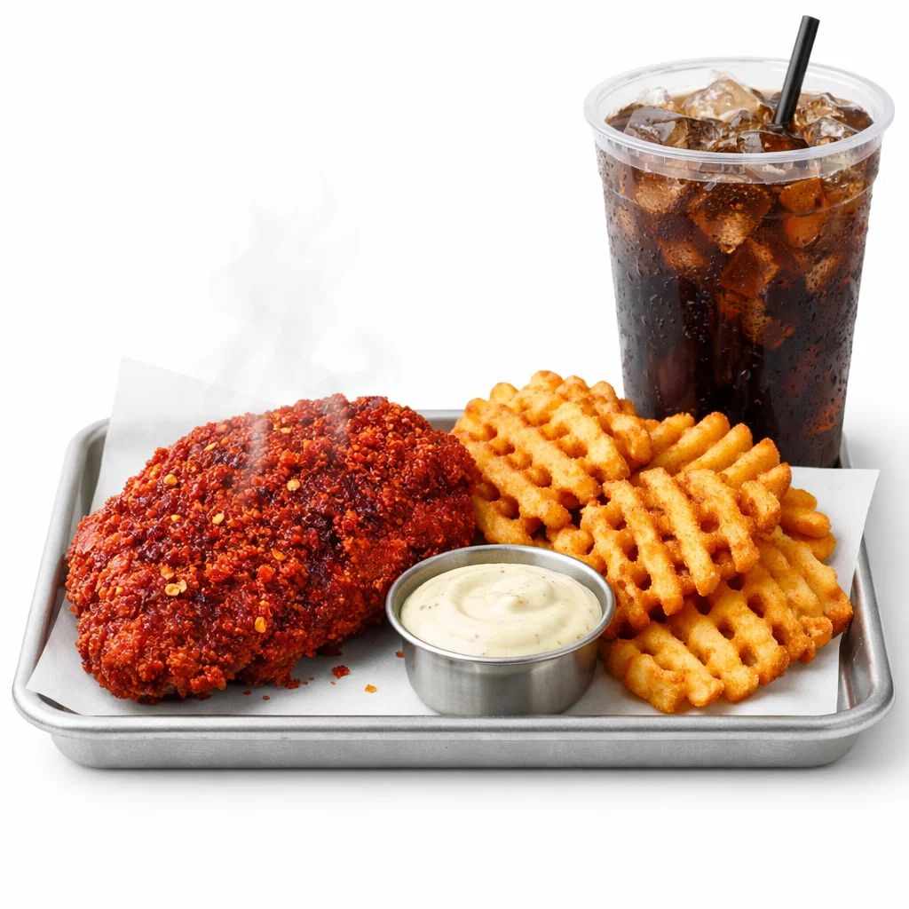 Spicy chicken tray with crispy spicy chicken, waffle fries, sauce, and drink on a white background
