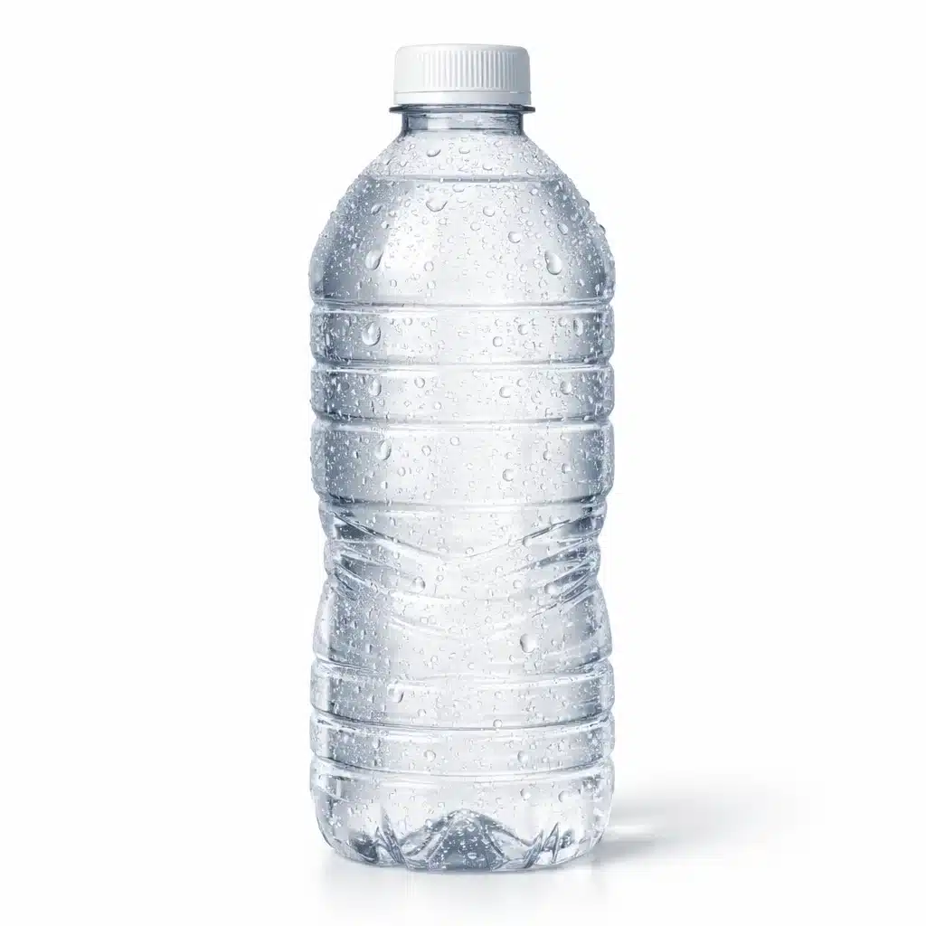 Bottled water served cold on white background