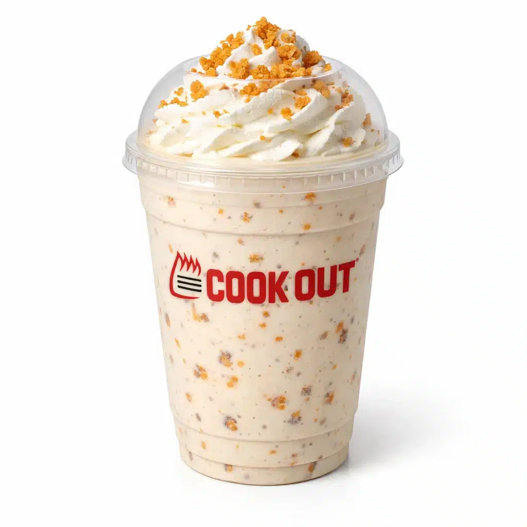 Butterfinger Milkshake in Cookout dome cup with whipped cream