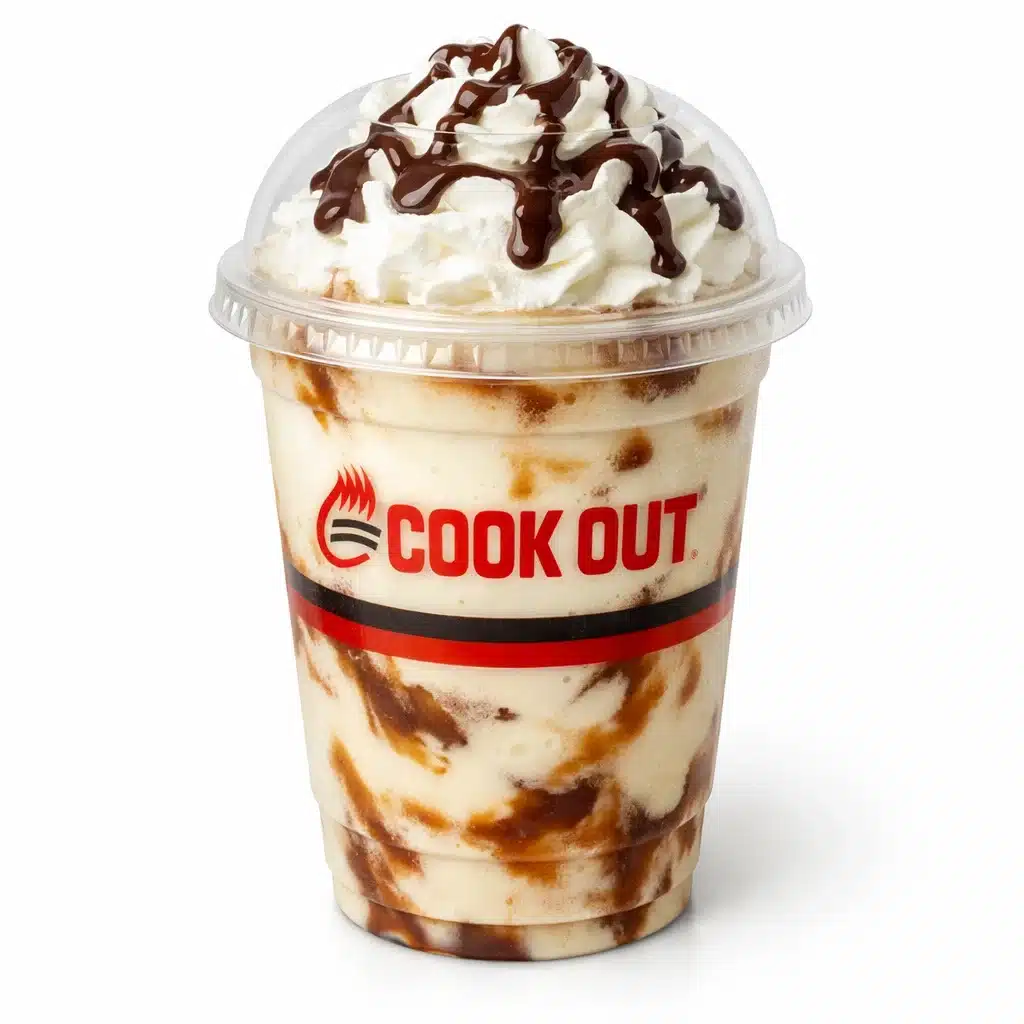 Caramel Fudge Milkshake in Cookout dome cup with whipped cream and fudge drizzle