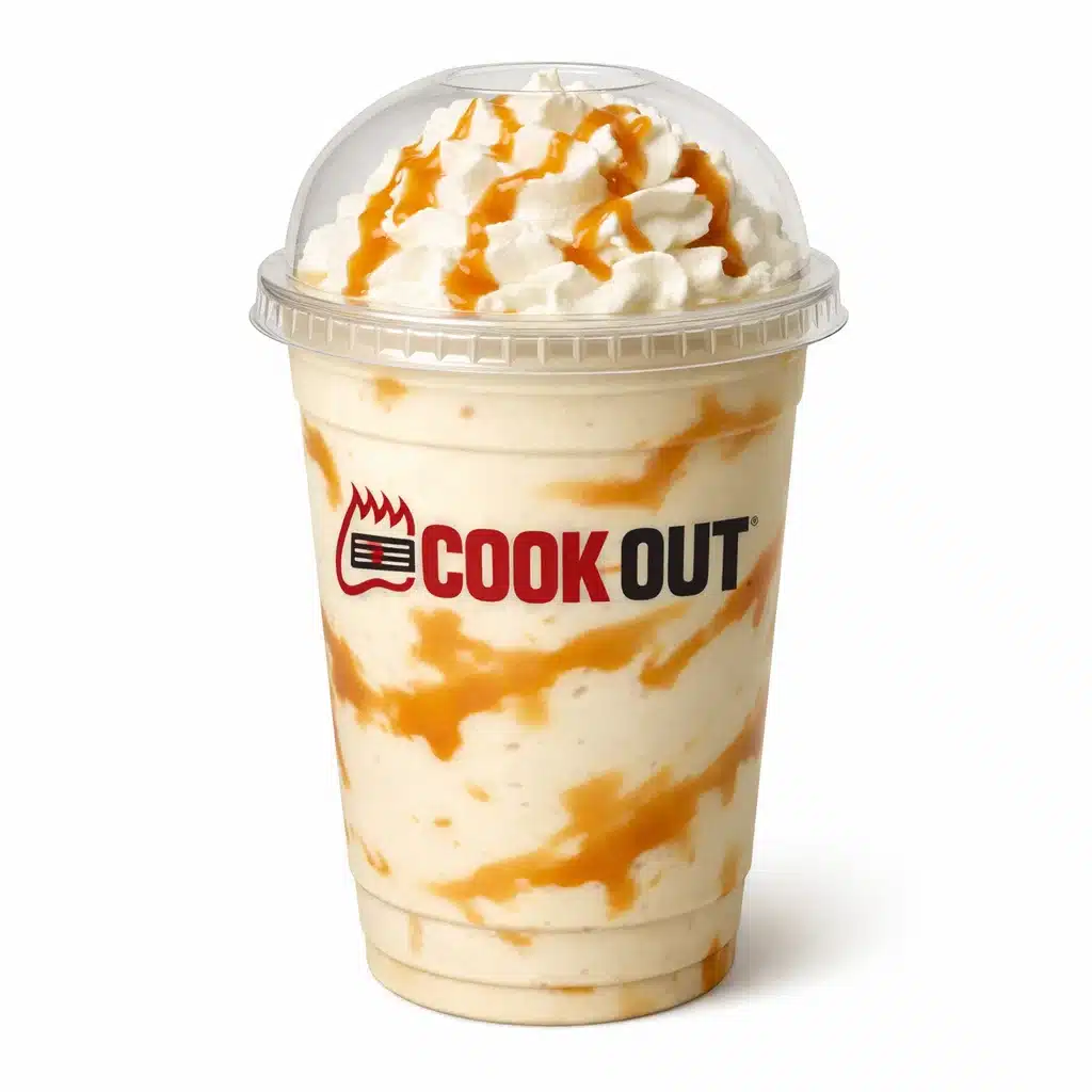 Caramel Milkshake in Cookout dome cup with whipped cream and caramel drizzle