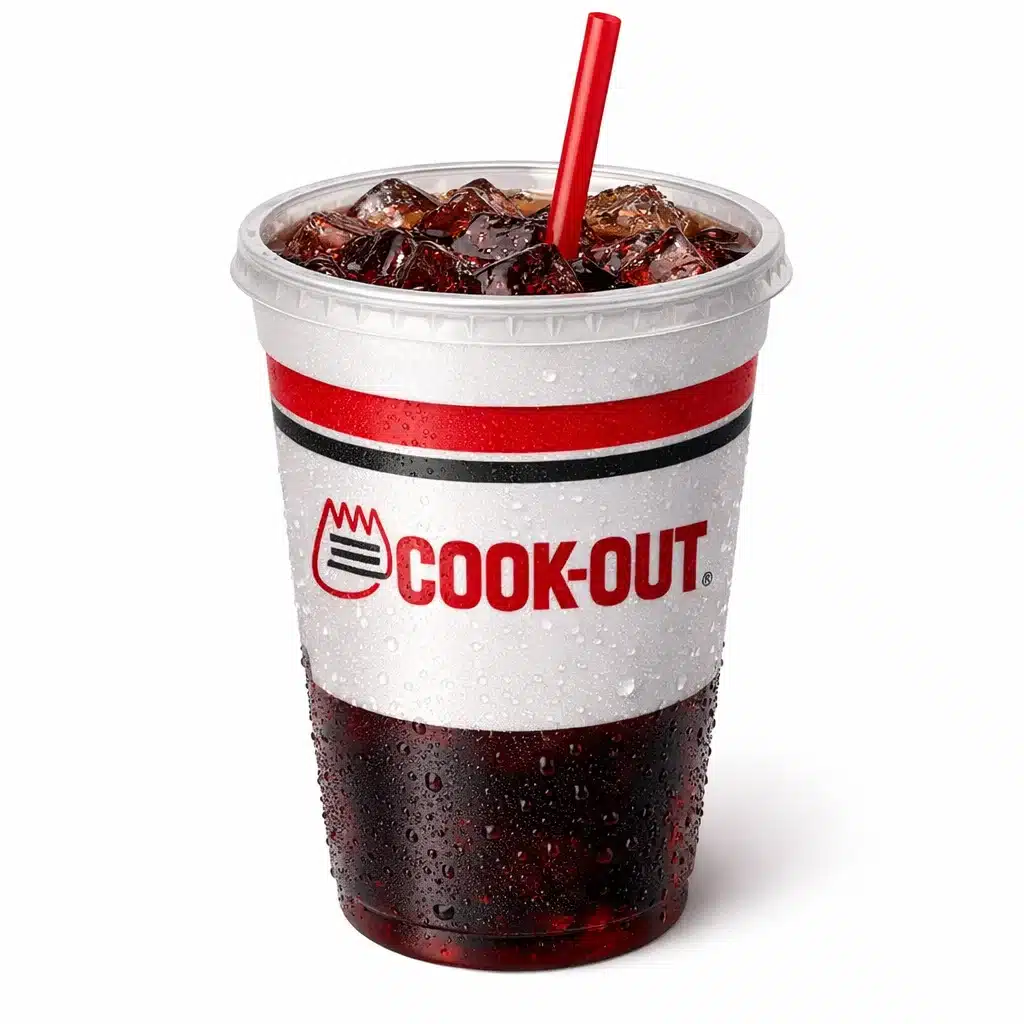 Cherry Coke soft drink served in a Cookout paper cup with ice and straw
