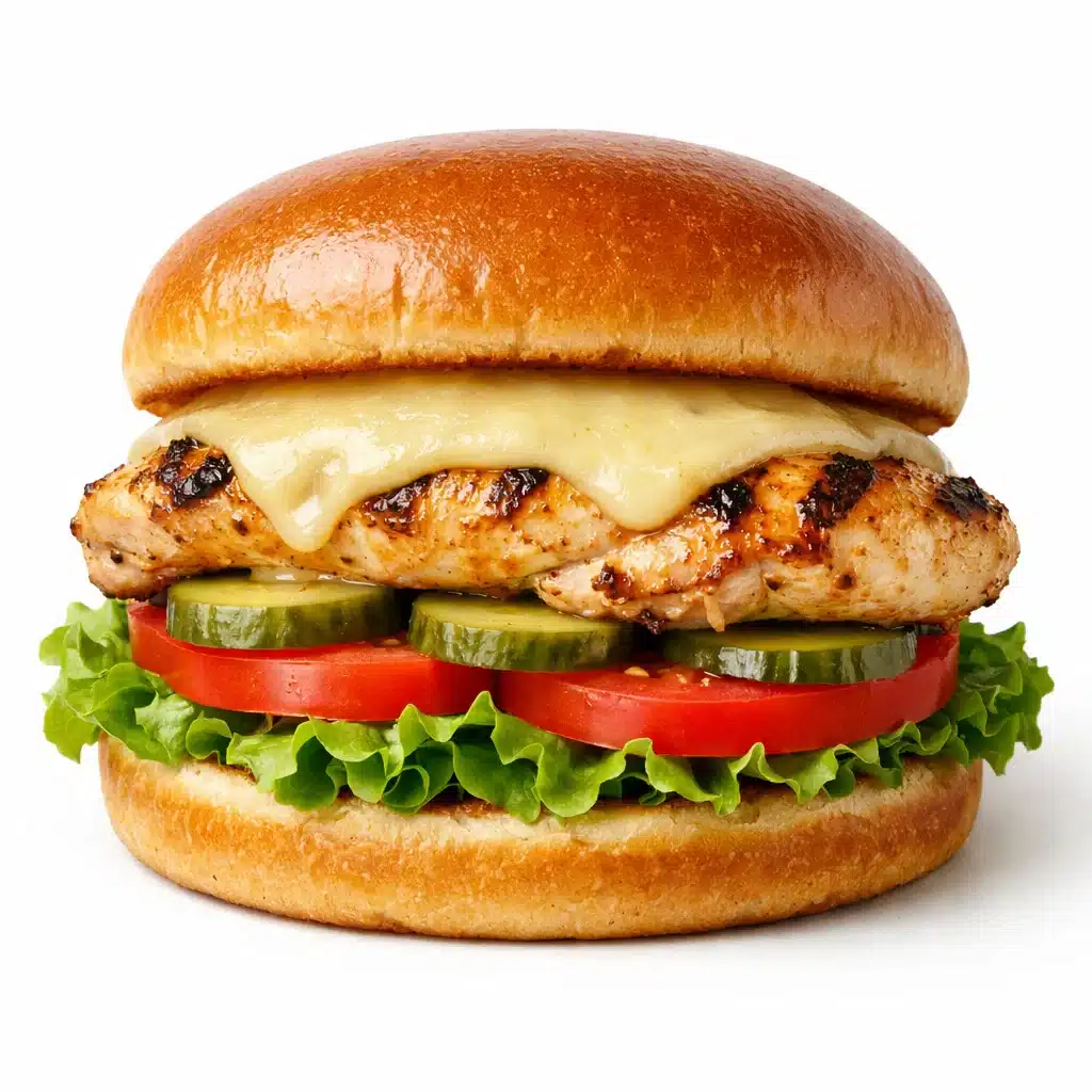 A delicious chicken burger with a grilled chicken breast, melted cheese, lettuce, tomato, and pickles, served on a toasted bun.