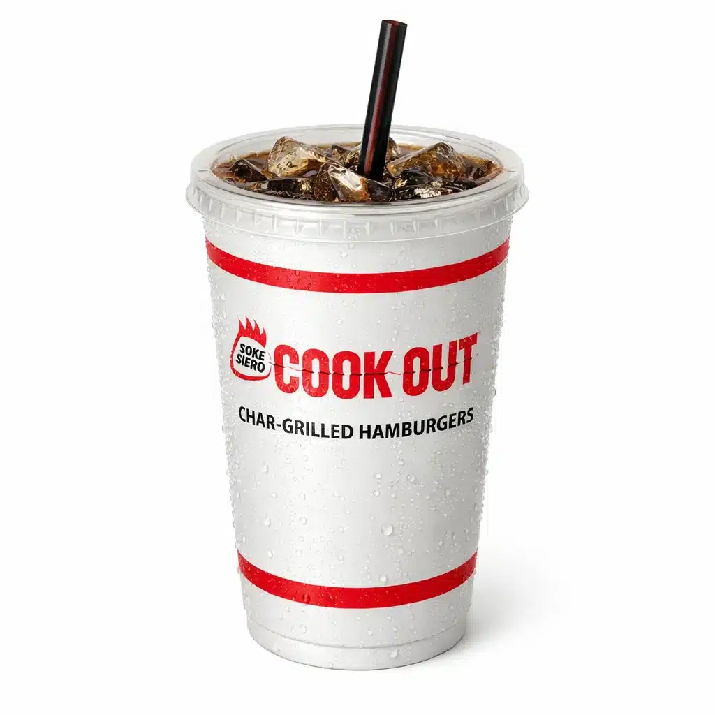 Coke Zero soft drink served in a Cookout paper cup with ice and straw
