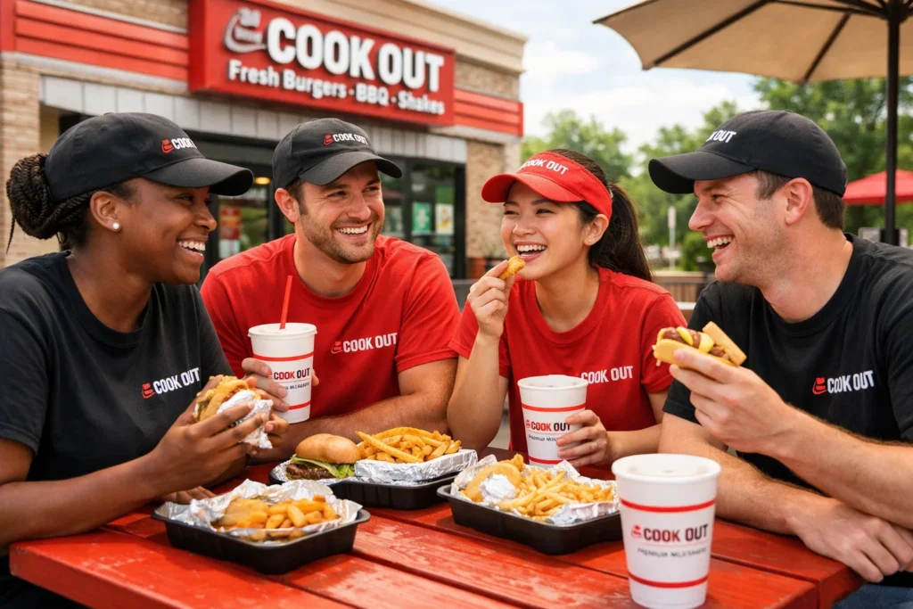 Cookout employees enjoying break, highlighting job benefits and flexible work