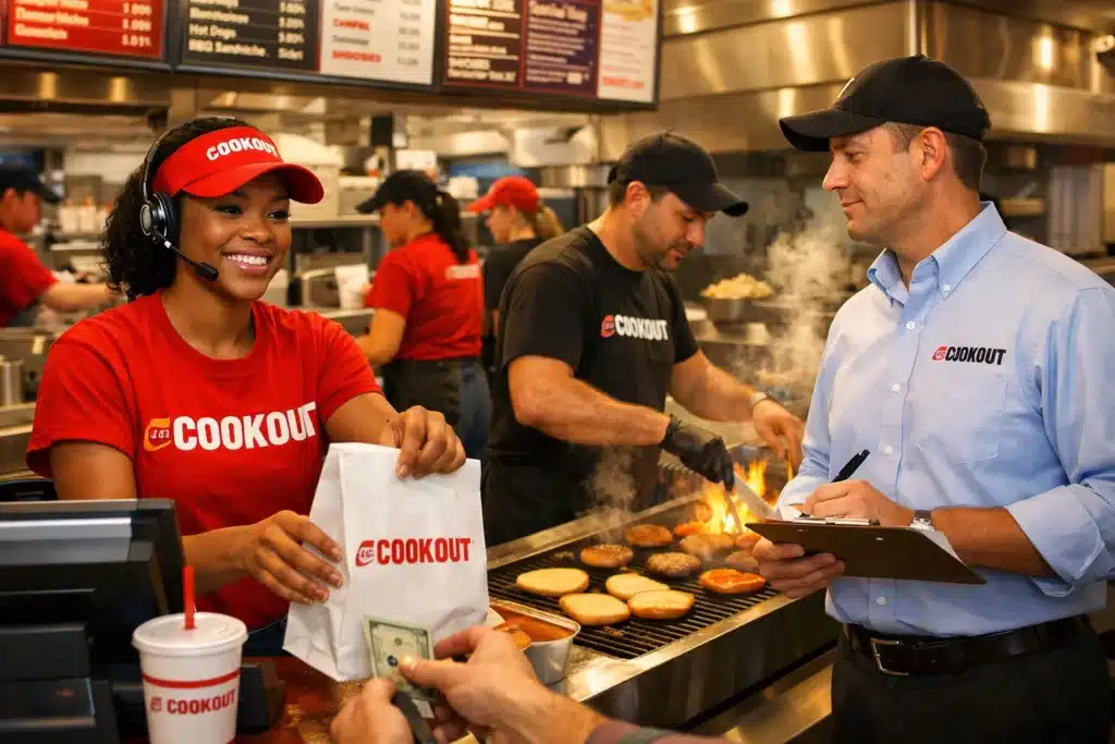 Various cookout restaurant jobs including cashier, cook, and manager