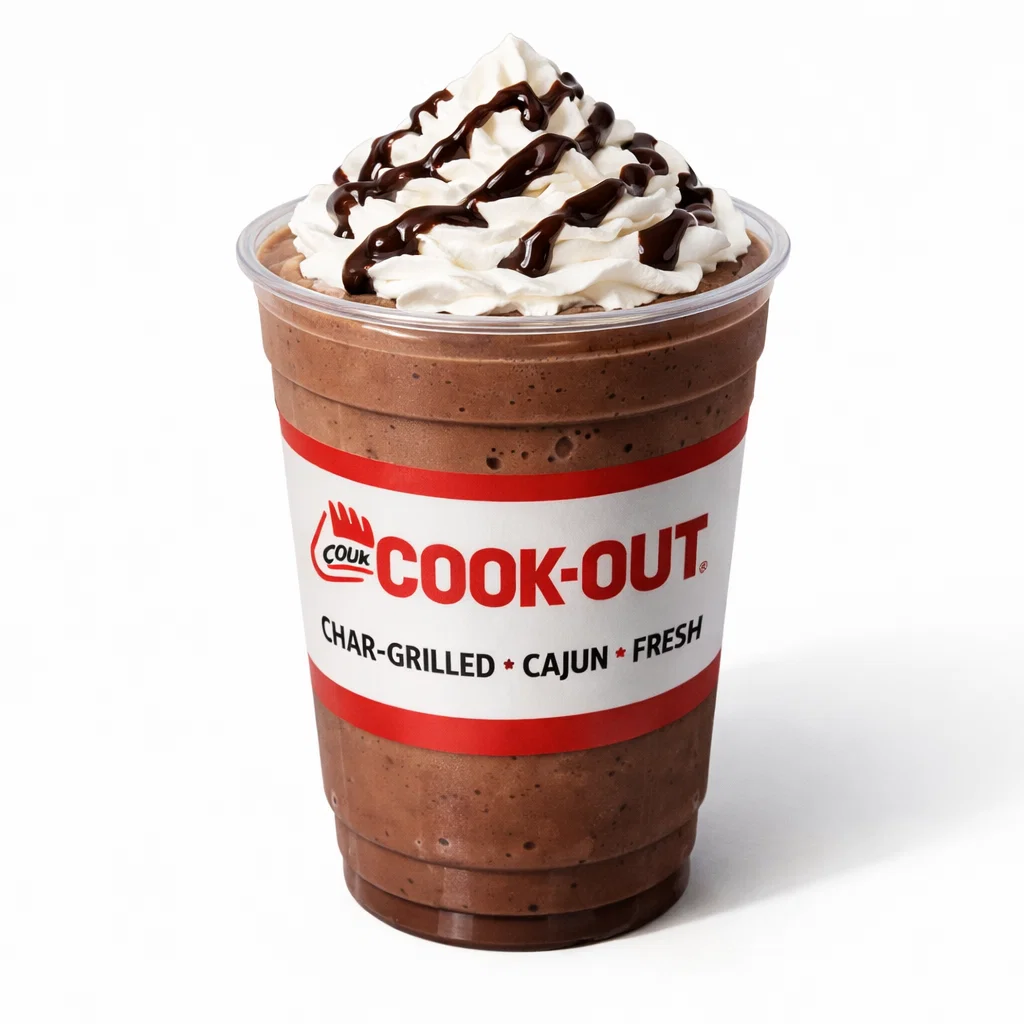 Cookout Chocolate Milkshake in a branded plastic cup with whipped cream and chocolate drizzle on a pure white background