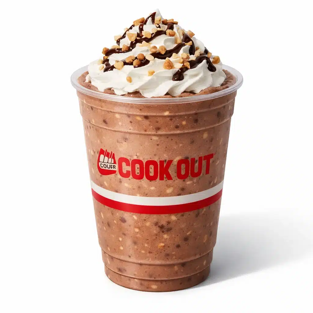 Cookout Chocolate Nut Milkshake in a branded plastic cup with whipped cream and crushed nuts on a pure white background