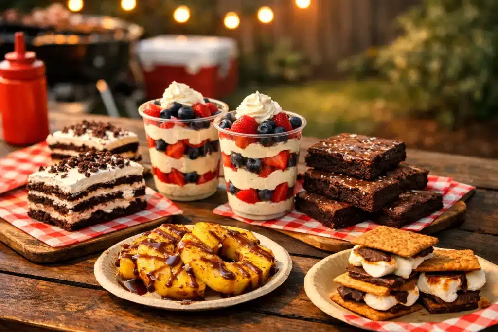 Cookout desserts menu featuring no-bake treats, fruit parfaits, brownies, and grilled sweets for summer cookouts