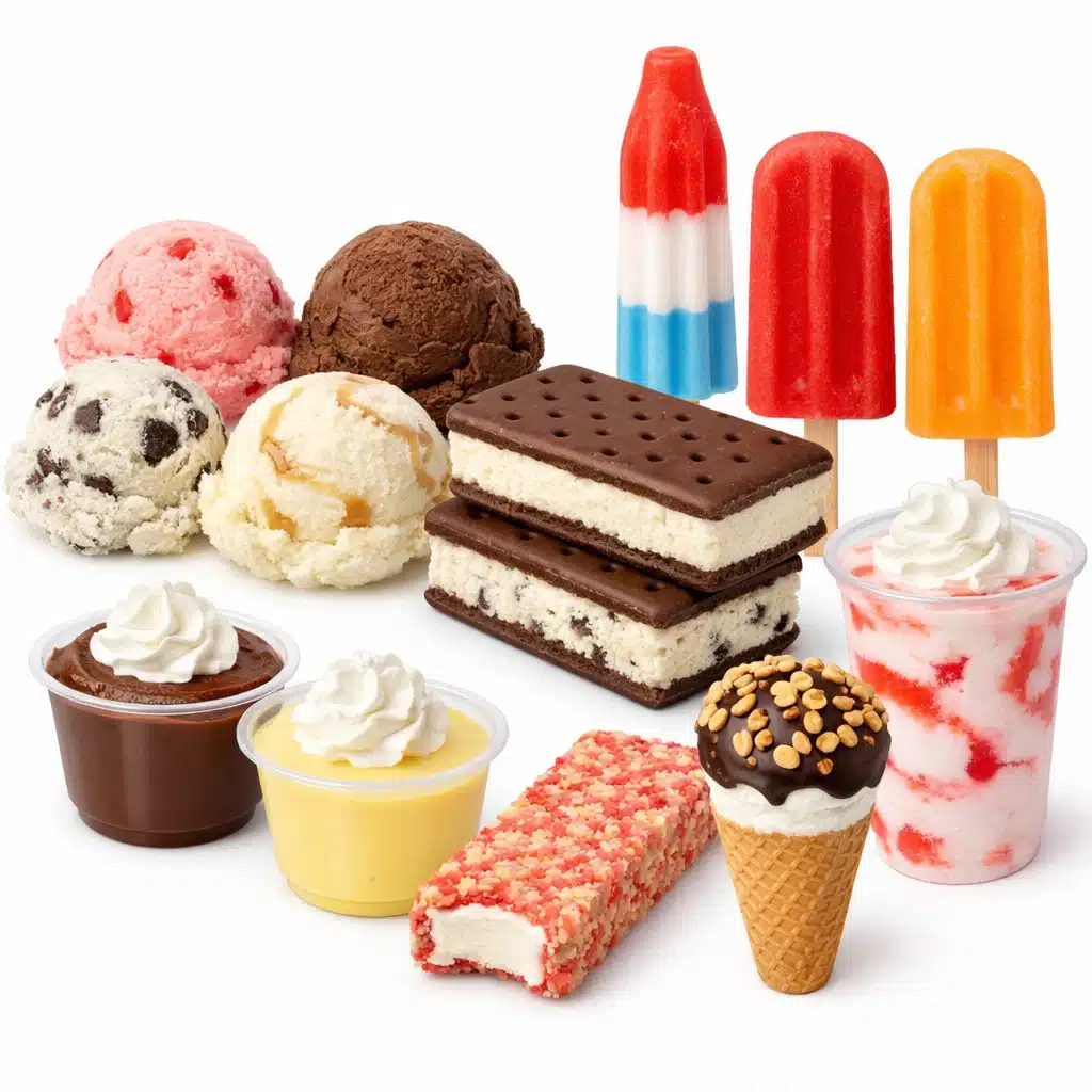 Cookout frozen and chilled treats including ice cream, popsicles, and chilled dessert cups on white background