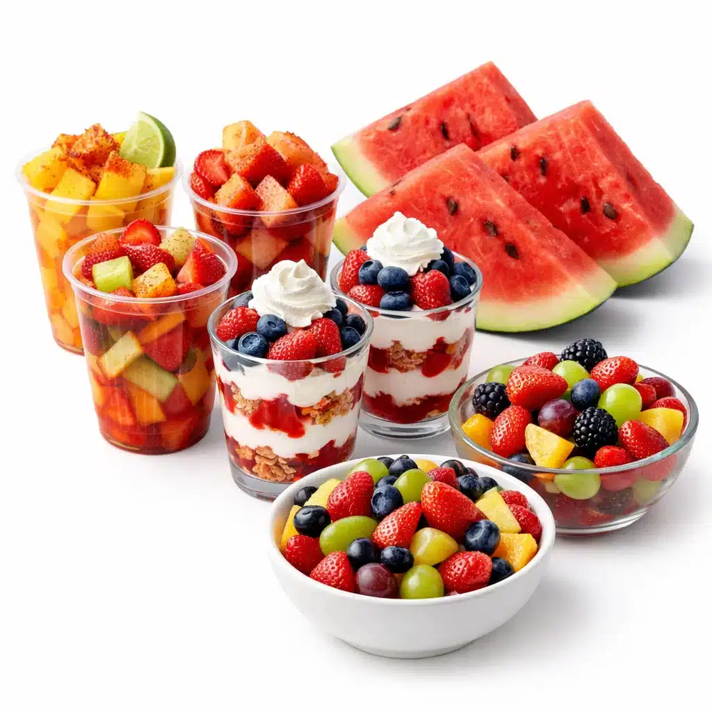 Cookout fruit-based desserts including fruit cups, watermelon slices, and berry parfaits on white background