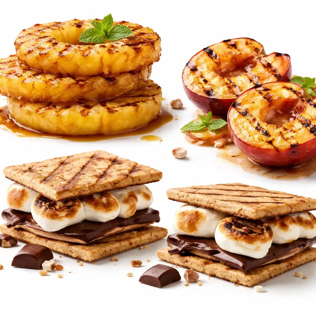 Cookout grilled desserts including caramelized pineapple, grilled peaches, and s’mores on white background