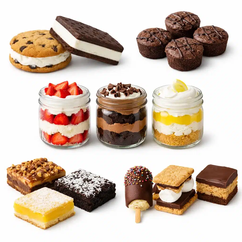 Cookout handheld and individual desserts including ice cream sandwiches and mason jar trifles on white background