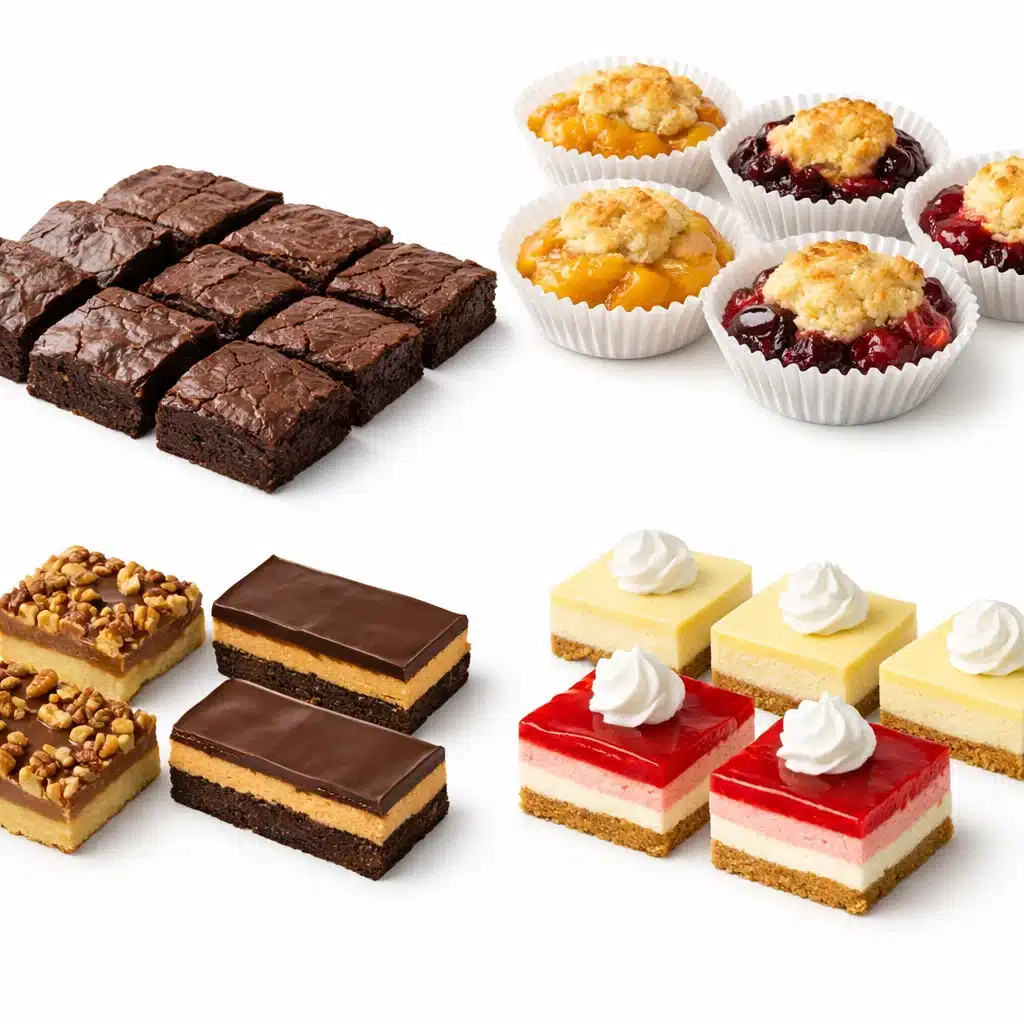 Cookout make-ahead desserts including brownies, cobblers, and dessert bars on white background