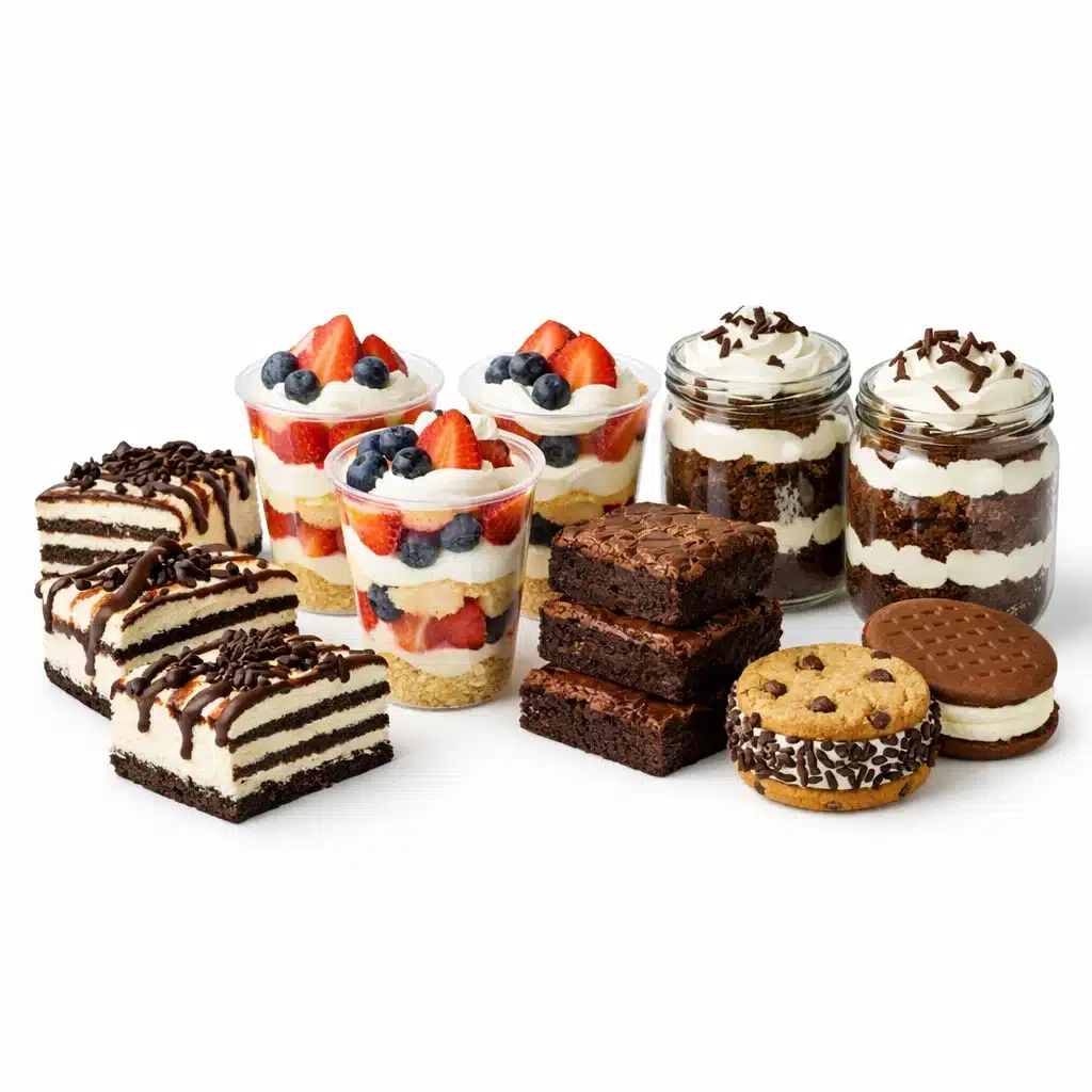Cookout no-bake desserts including icebox cakes, fruit parfaits, brownies, and handheld treats on a white background
