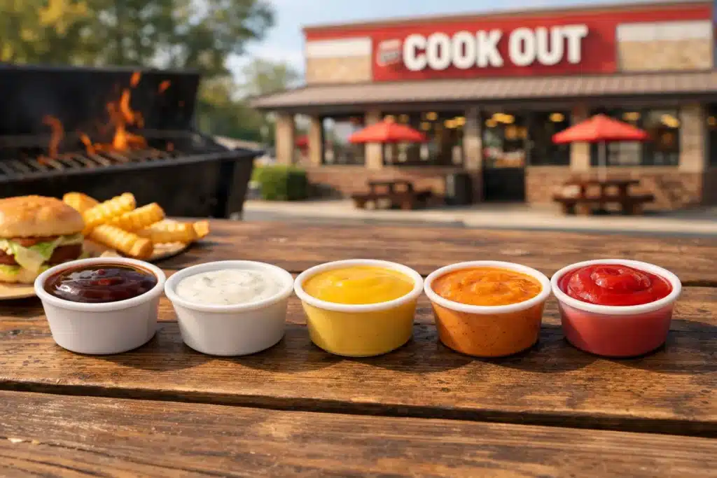 Cookout sauces including barbecue, ranch, honey mustard, Cajun, and ketchup on a Cookout-style outdoor background