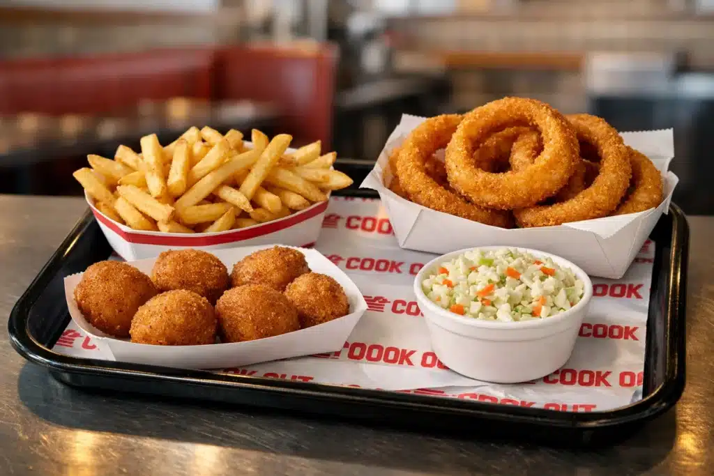Cookout side items including fries, hushpuppies, onion rings, and coleslaw on a tray in a Cookout-style setting