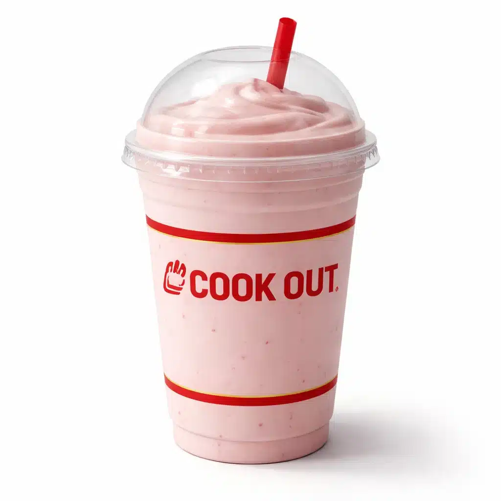 Cookout Strawberry Milkshake in classic Cookout branded cup on white background