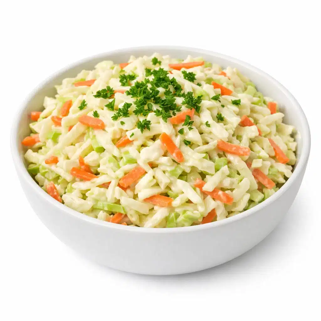 "A bowl of creamy coleslaw with shredded cabbage, carrots, and a tangy dressing, served on a white background."