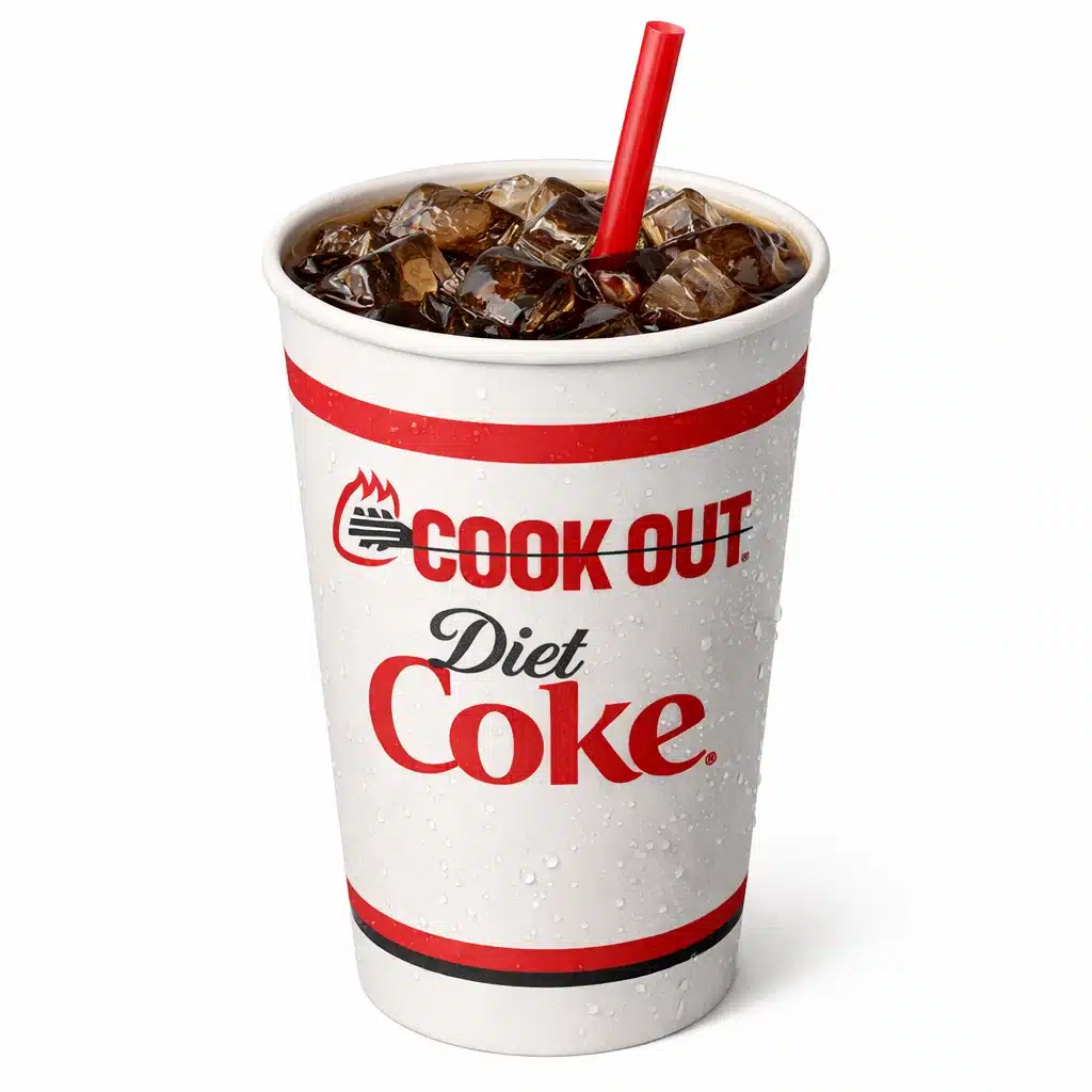 Diet Coke soft drink served in a Cookout paper cup with ice and straw