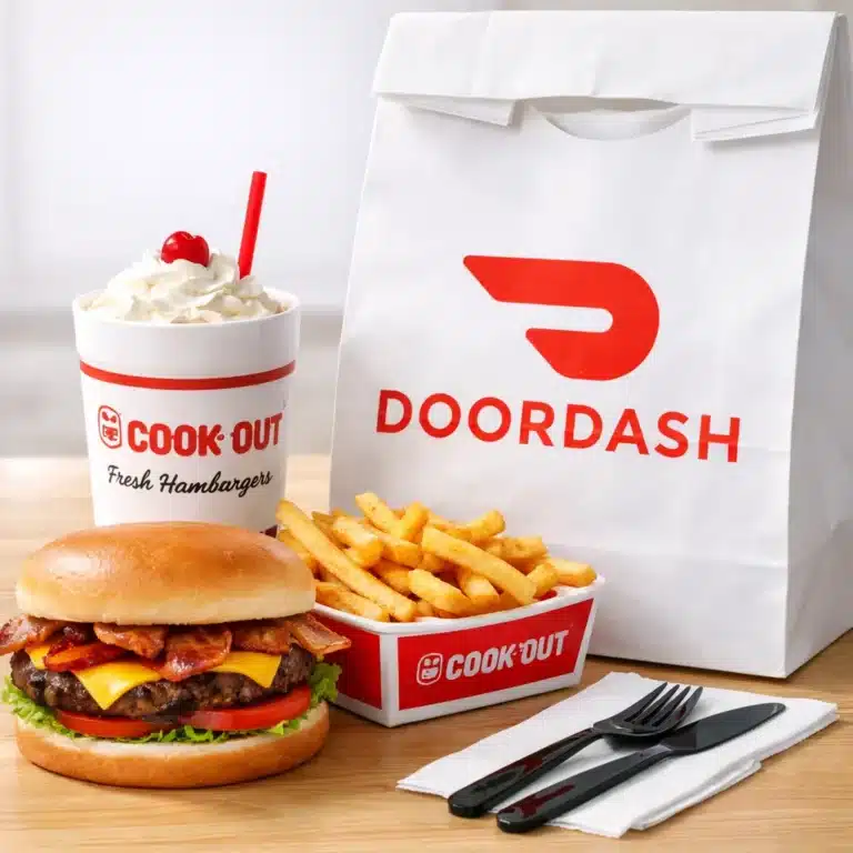 Cookout delivery available on DoorDash burger, fries, and milkshake.