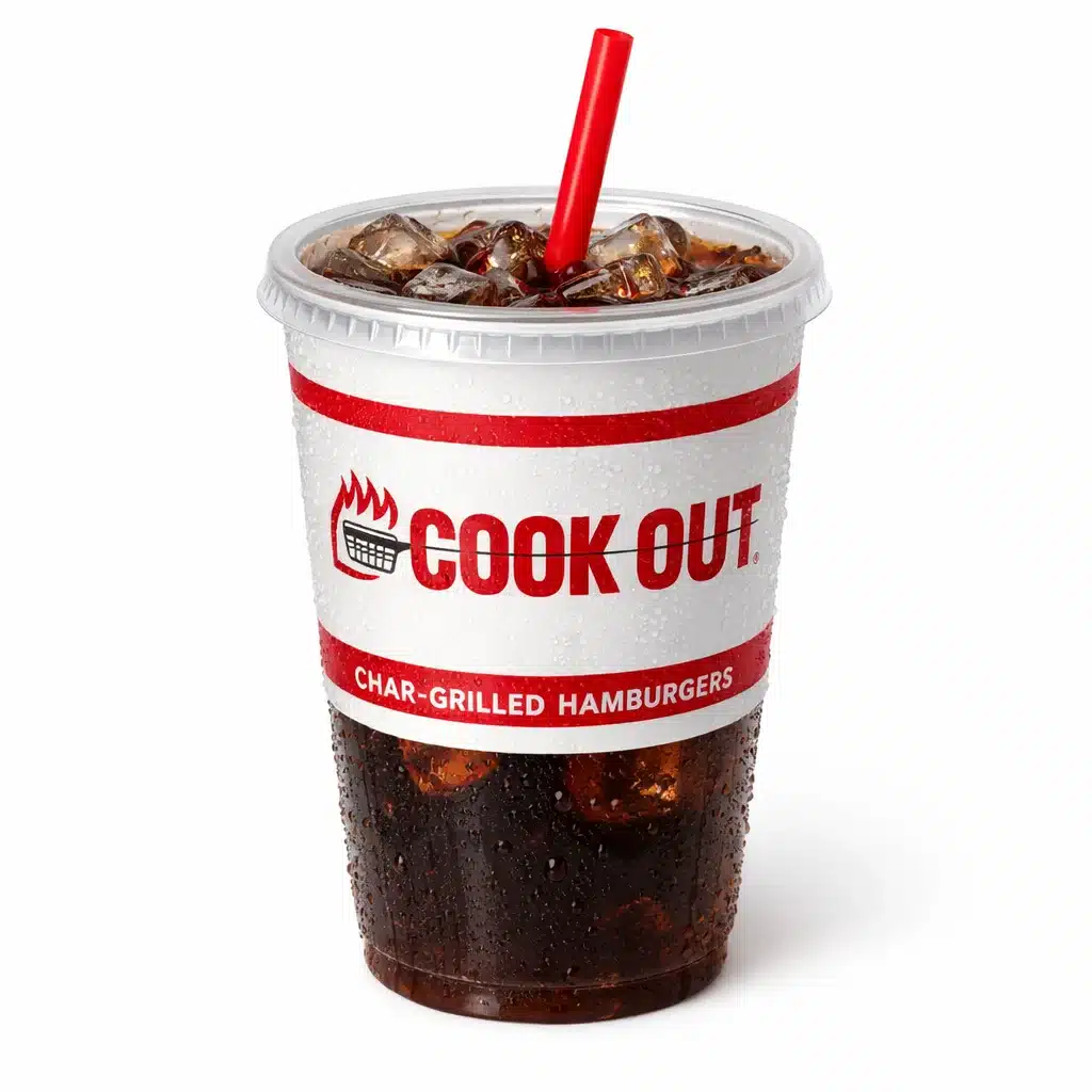 Dr Pepper soft drink served in a Cookout paper cup with ice and straw