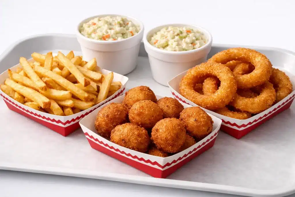 Fan favorite Cookout sides including fries, hushpuppies, onion rings, and coleslaw