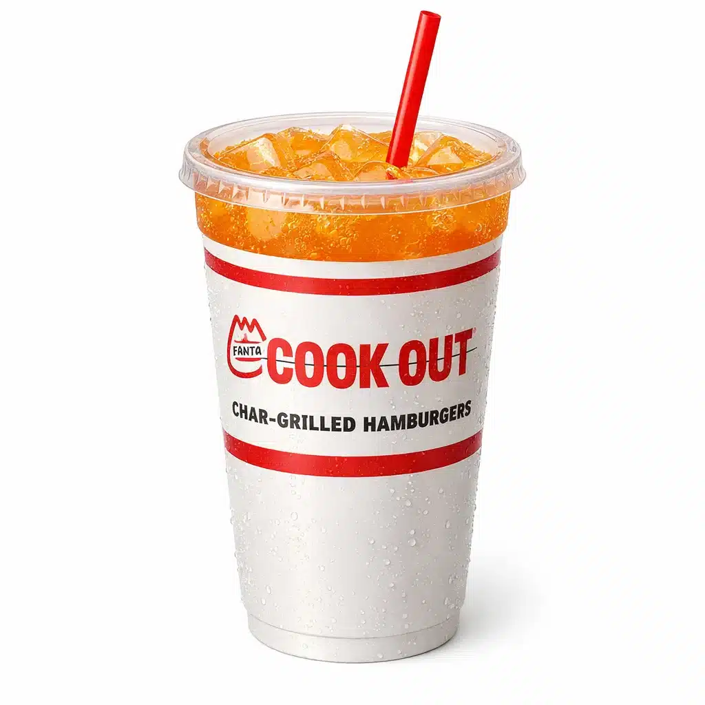 Fanta Orange soft drink served in a Cookout paper cup with ice and straw