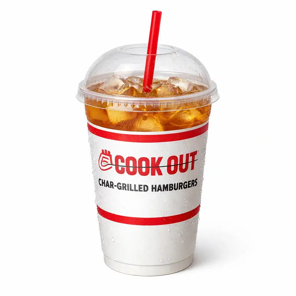 Fresh Brewed Iced Tea served in a Cookout paper cup with ice and straw