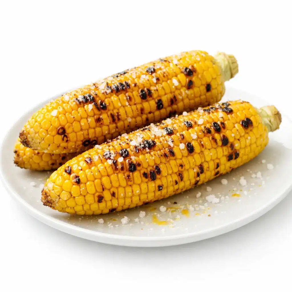 "Grilled corn on the cob with butter and seasoning, served on a white plate against a white background."
