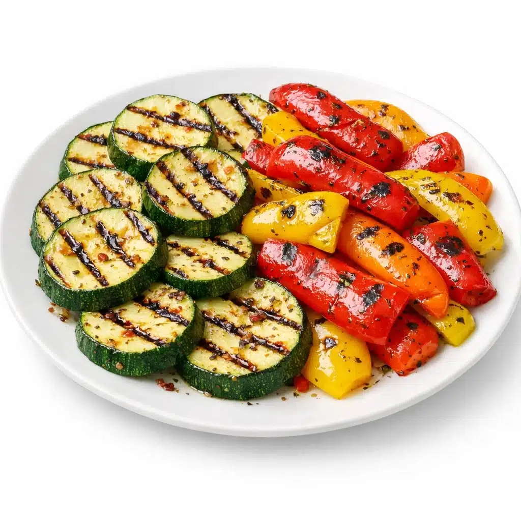 "Grilled zucchini and bell peppers with visible grill marks, served on a white plate against a white background."