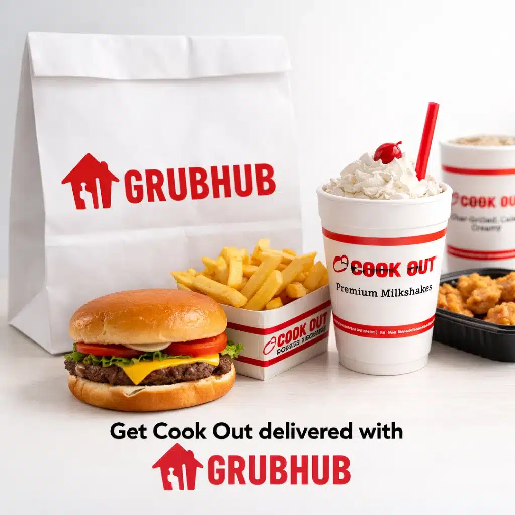 Cookout delivery available on Grubhub – burger, fries, and milkshake.