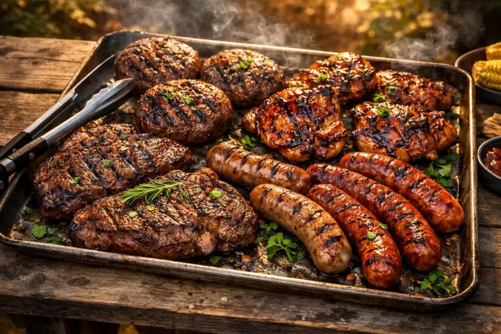 Assorted grilled meats including burgers, steaks, chicken, and sausages arranged on a cookout tray.