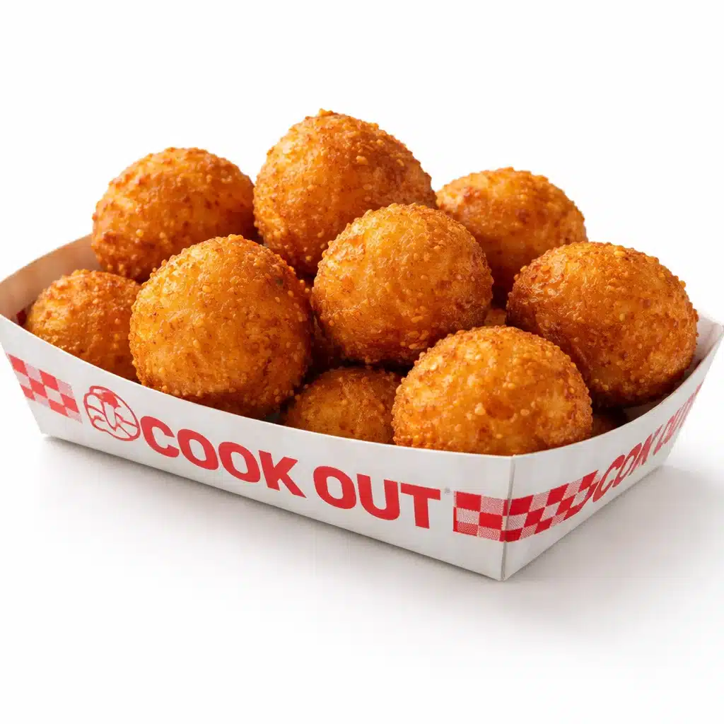 Golden-brown Cookout hushpuppies in paper tray