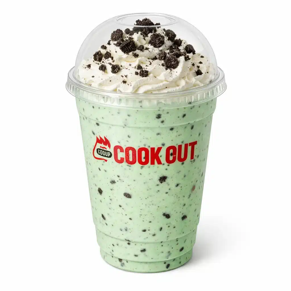 Oreo Mint Milkshake in Cookout dome cup with whipped cream