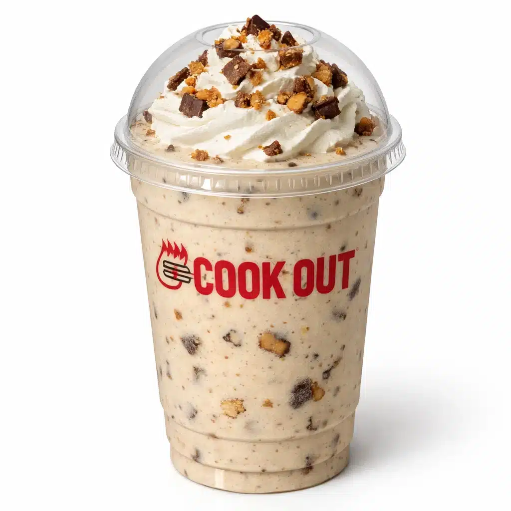 Reese’s Cup Banana Milkshake in Cookout dome cup with whipped cream