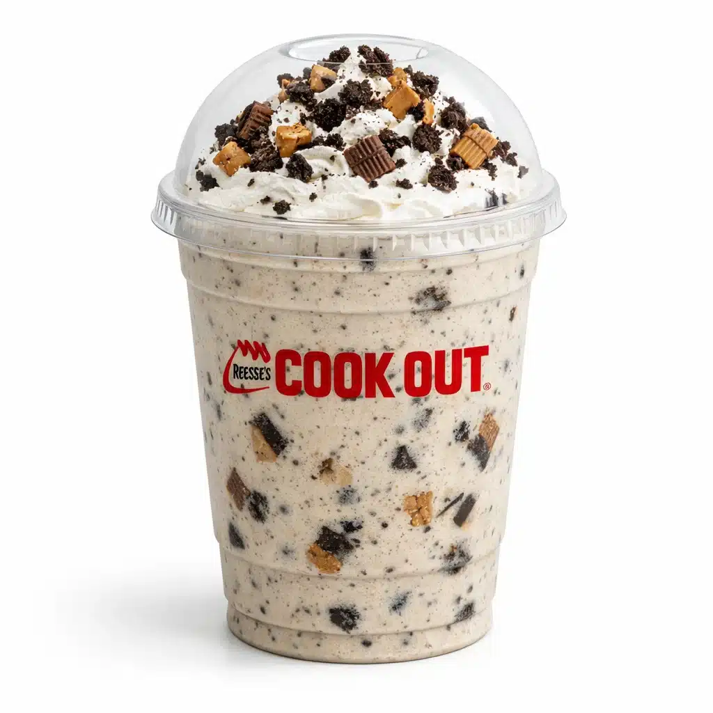 Reese’s Cup Oreo Milkshake in Cookout dome cup with whipped cream