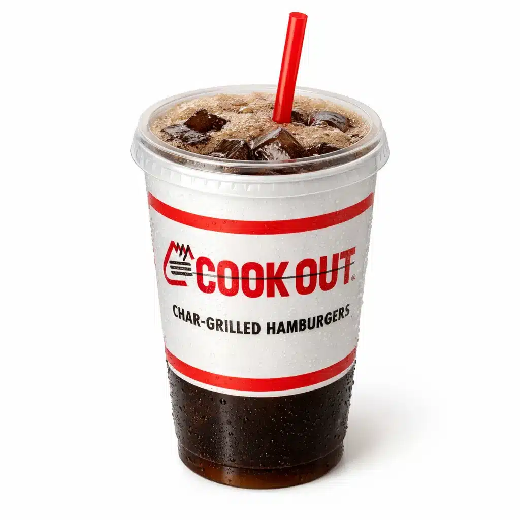 Root Beer soft drink served in a Cookout paper cup with ice and straw